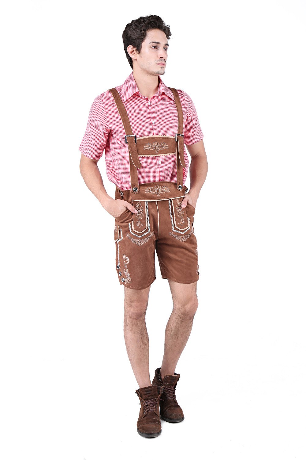 Leather Lenderhosen with red plaid shirt and thick-soled shoes.